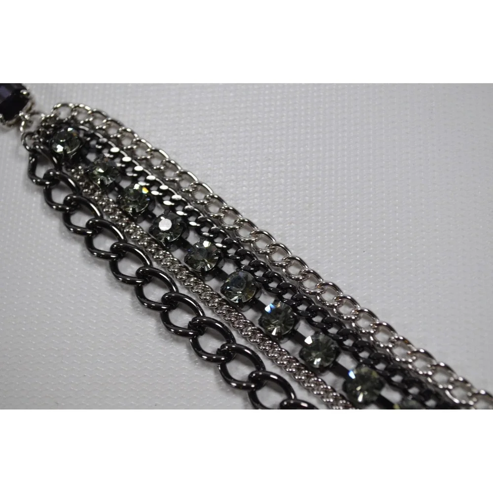 Dark Silver Tone Multi Strand Layer Necklace w/ Clear‎ Rhinestone Accent 35.5
